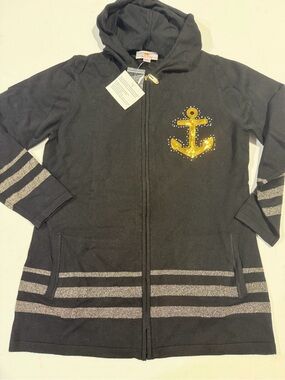 Vintage NWT Quacker Factory Black Hooded Zip Up Jacket with Gold Sequin Anchor